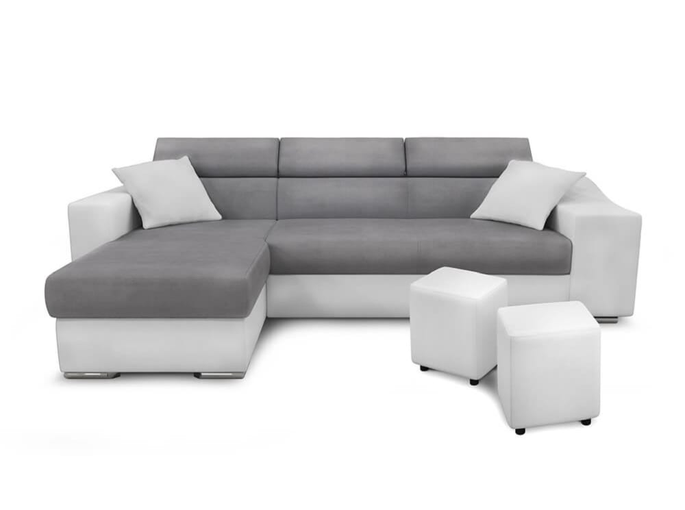 Canapé d'angle droit microfibre/simili avec poufs - Blanc/Gris