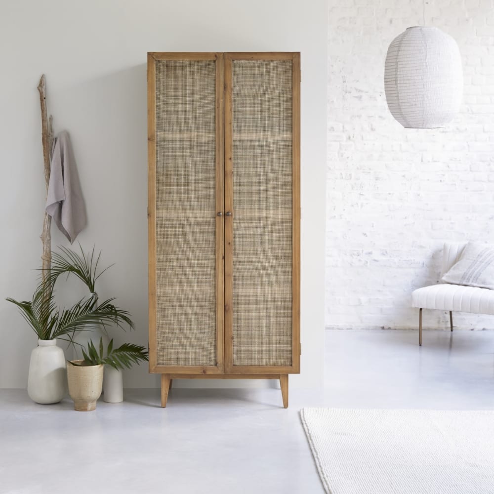 Tikamoon Schrank aus Pinie und Rattangeflecht style exotic Beige Holz