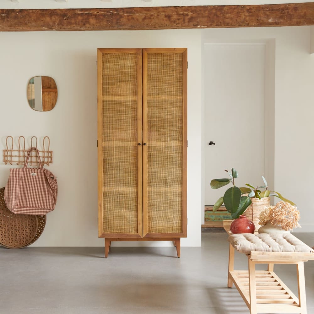 Tikamoon Esszimmerschrank aus Pinie und Rattangeflecht style exotic Beige Holz