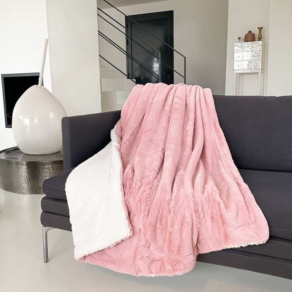 Plaid doublé imitation ''Lapin'' Cocoon Rose 130x170cm