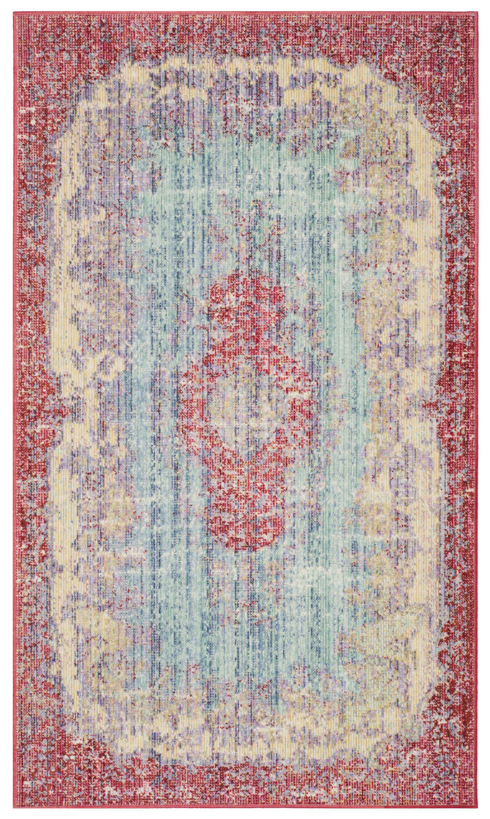 Tapis bohème chic en coton bleu/rose, 122 x 183 cm
