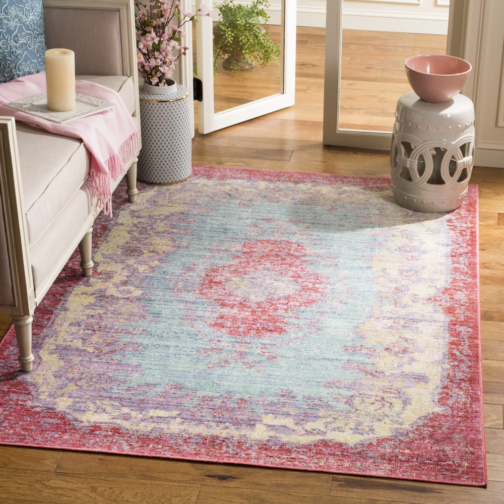 Tapis bohème chic en coton bleu/rose, 122 x 183 cm — vue 3