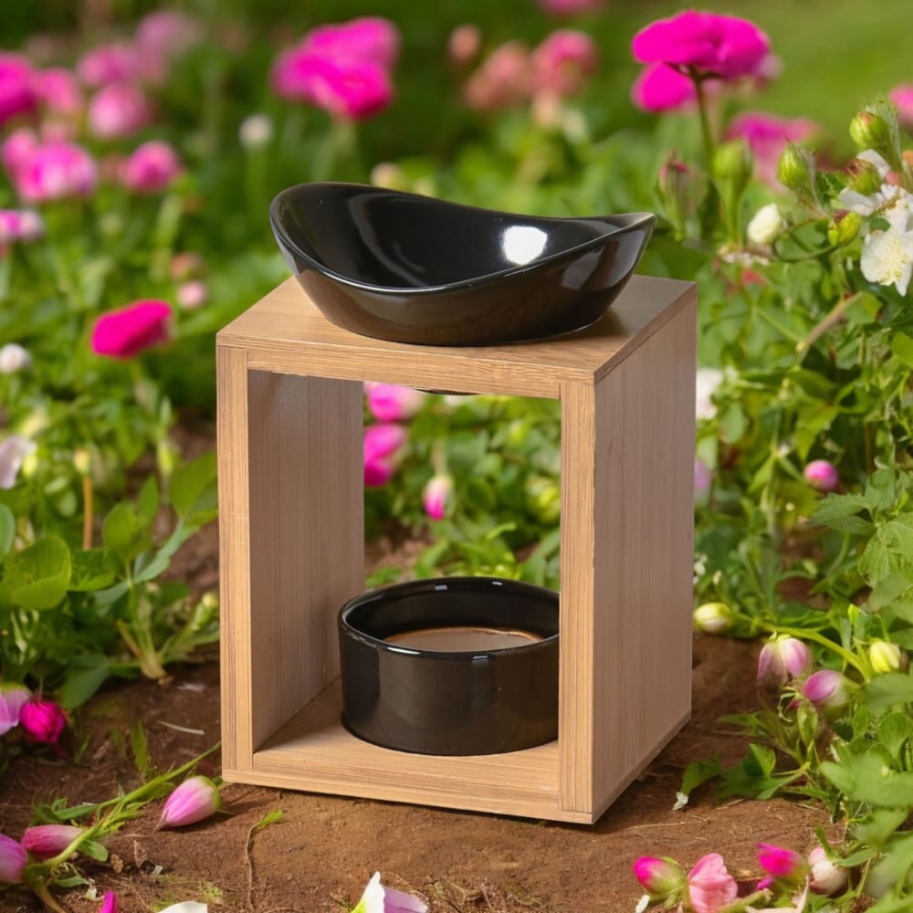Quemador de perfume bambú y cuenco en cerámica lacada negra - h12cm - Maisons du Monde