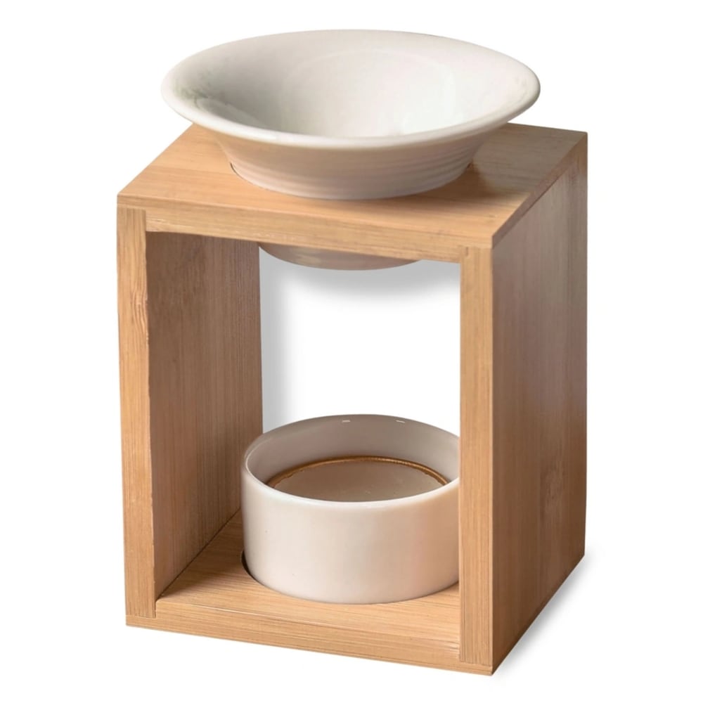 Quemador de perfume de bambú y cuenco de cerámica lacada blanca h12cm - Maisons du Monde