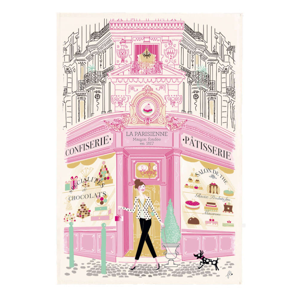 Torchon Imprimé Façade patisserie en coton ecru 48 x 72 cm