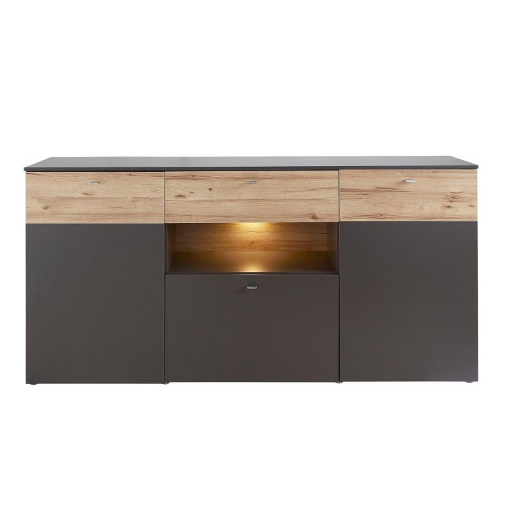 Meubletmoi Buffet 195 cm 3 portes 3 tiroirs décor chêne clair et gris style contemporain Gris Panneau De Particules - 195x95x41cm