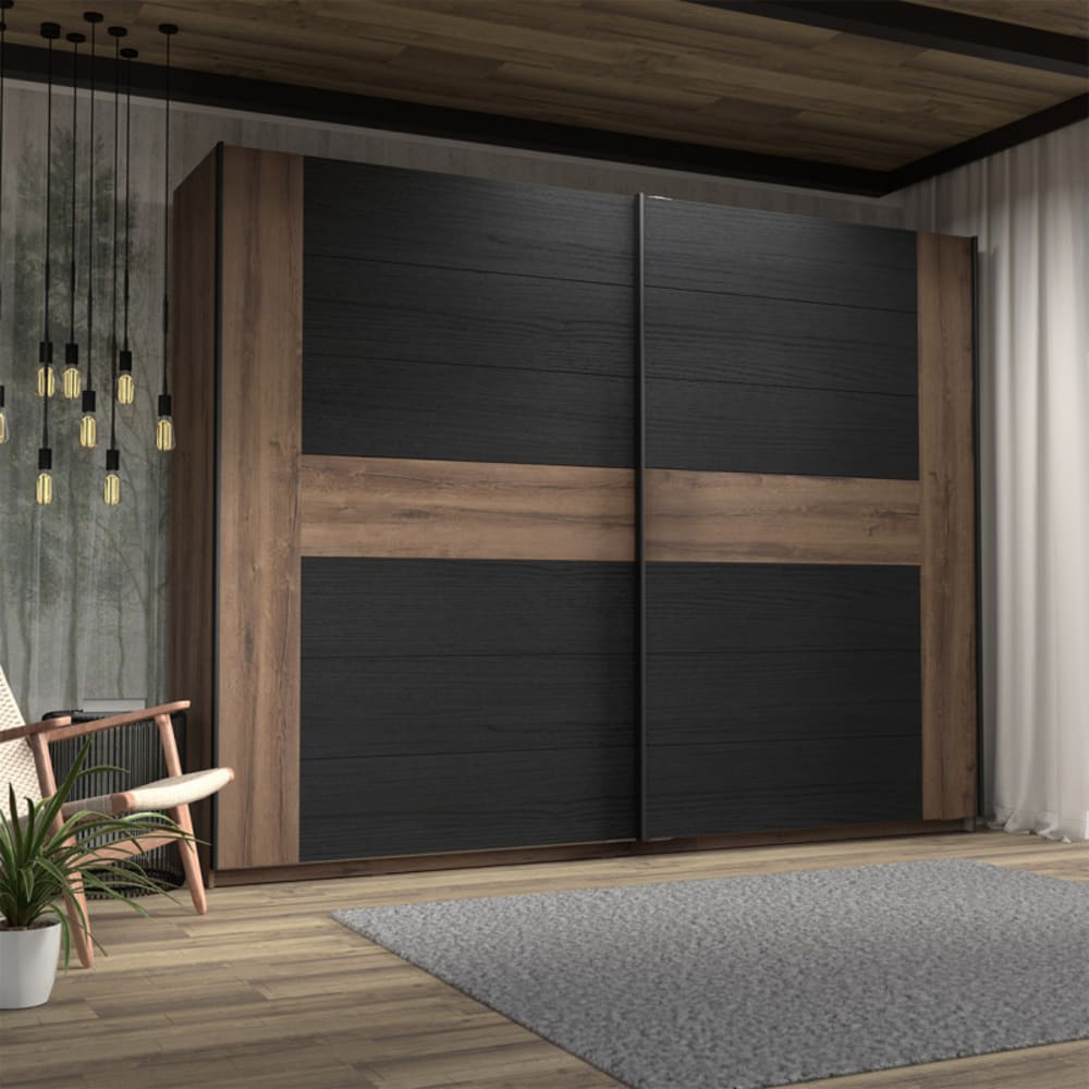 Armoire avec 2 portes coulissantes décor chêne foncé et noir - Maisons du Monde