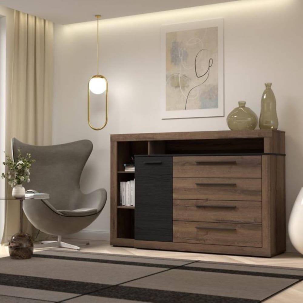 Commode 4 tiroirs 1 porte décor chêne foncé et noir - Maisons du Monde