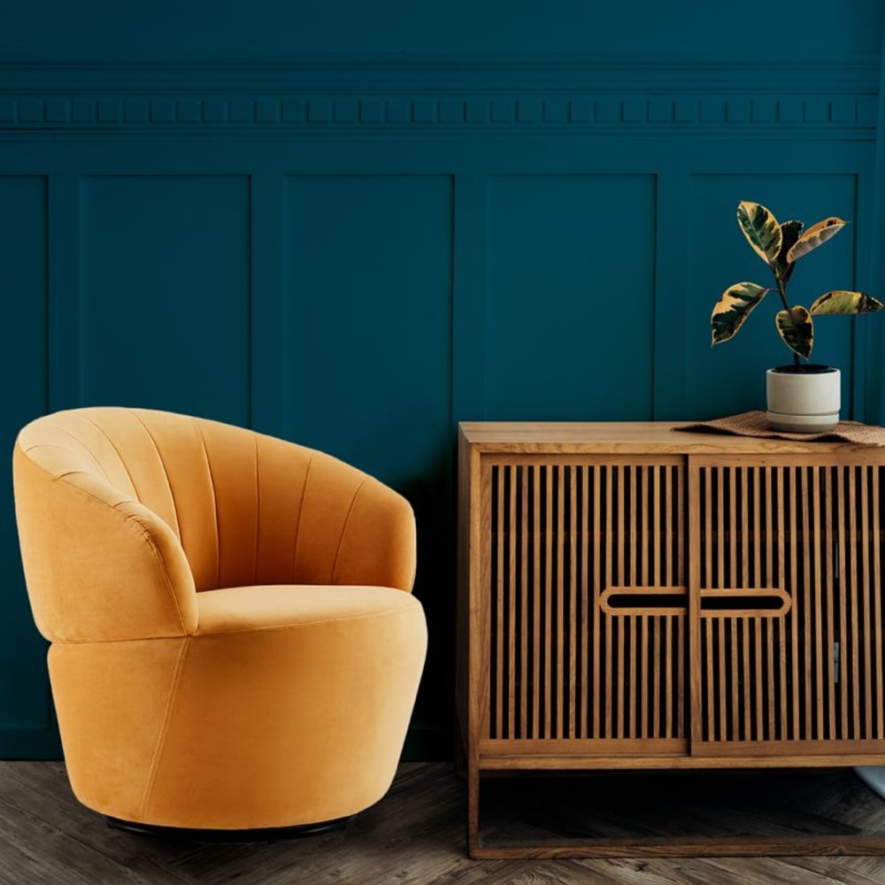 Fauteuil rond pivotant 360° velours jaune moutarde moderne