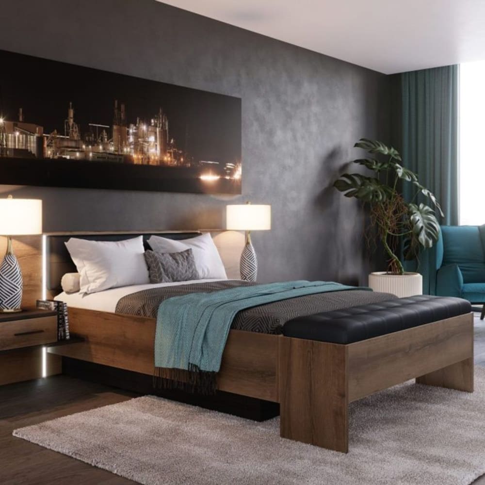 Banc coffre 165 cm décor chêne foncé assise capitonnée noir - Maisons du Monde