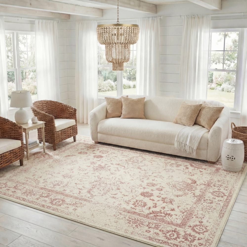 Tapis vintage patiné en polypropylène blanc/rose, 155 x 229 cm — vue 3