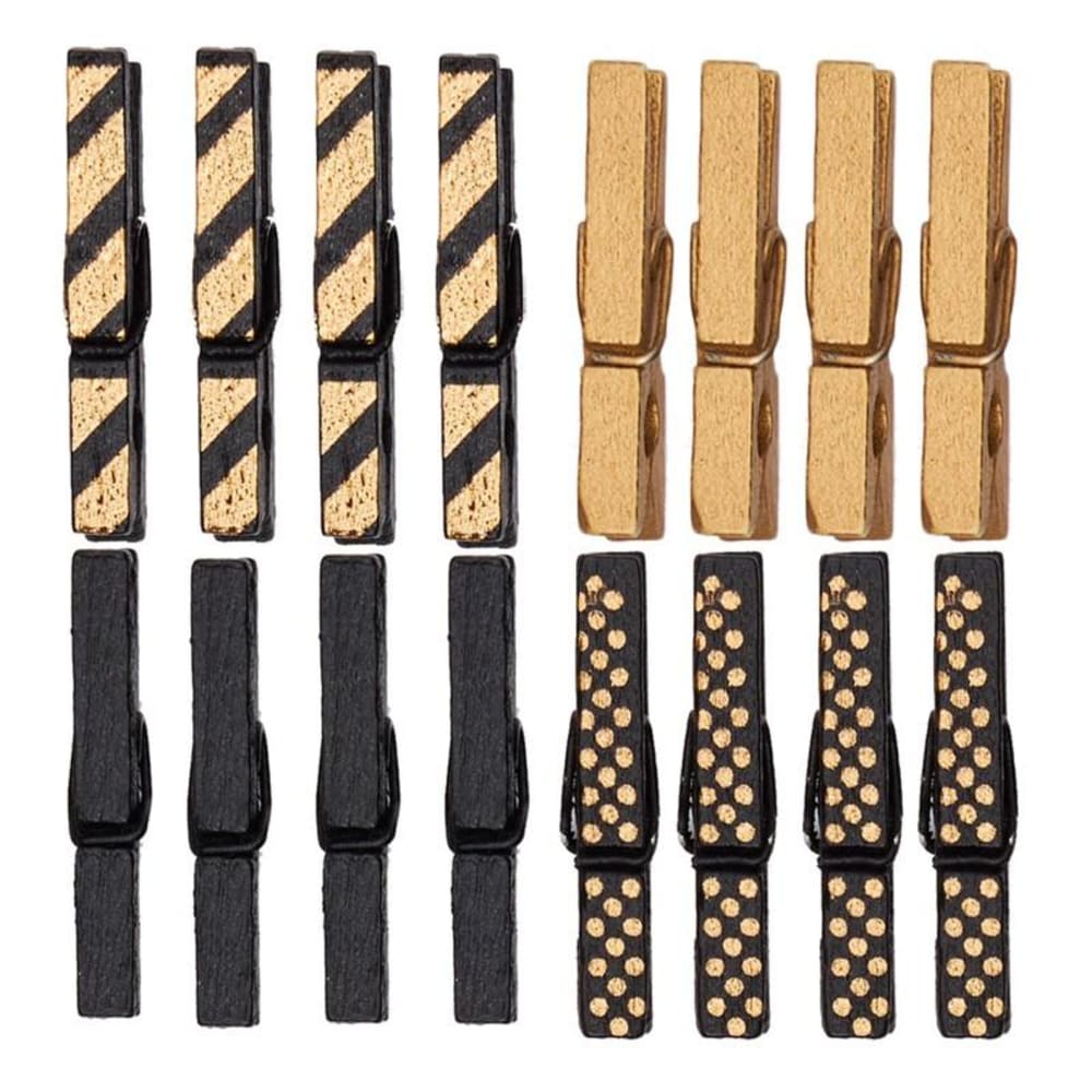 Mini pinzas de madera con líneas negras y doradas 16 unidades