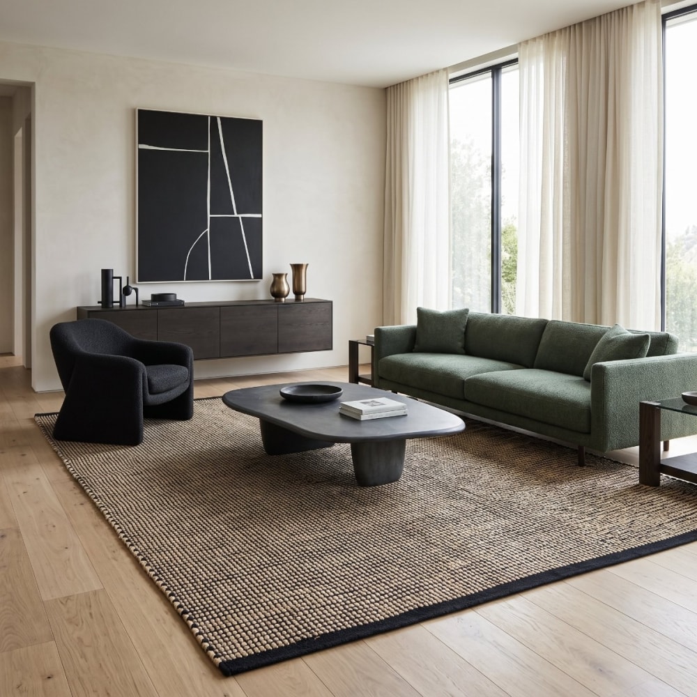 Tapis jute et coton tissé main noir naturel 120x170