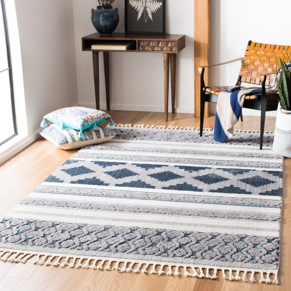 Alfombra bohemio de poliéster blanco/azul, 160 x 229 cm - Maisons du Monde