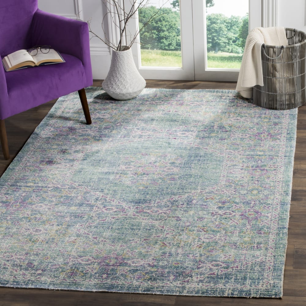 Alfombra boho chic de algodón azul/rosa, 122 x 183 cm