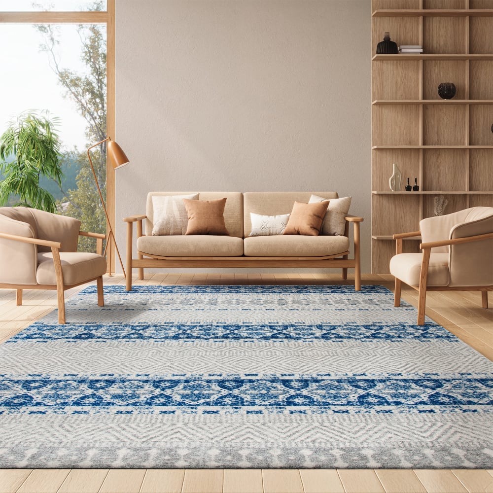 Tapis bohémien en polypropylène argent/bleu, 122 x 183 cm — vue 3