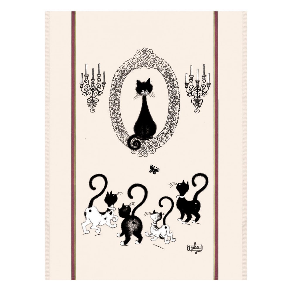 Grand torchon  portrait de chat en coton ecru 60 x 80 cm