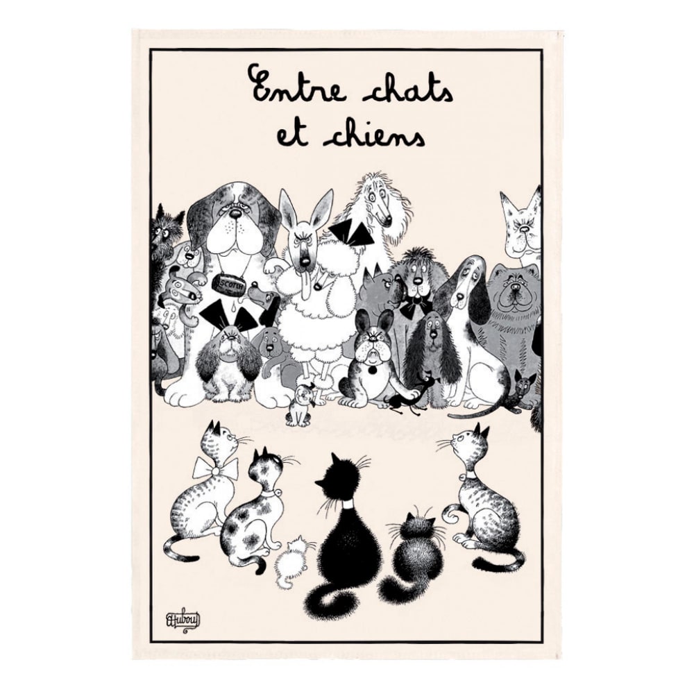 Torchon  entre chats et chiens en coton ecru 48 x 72 cm