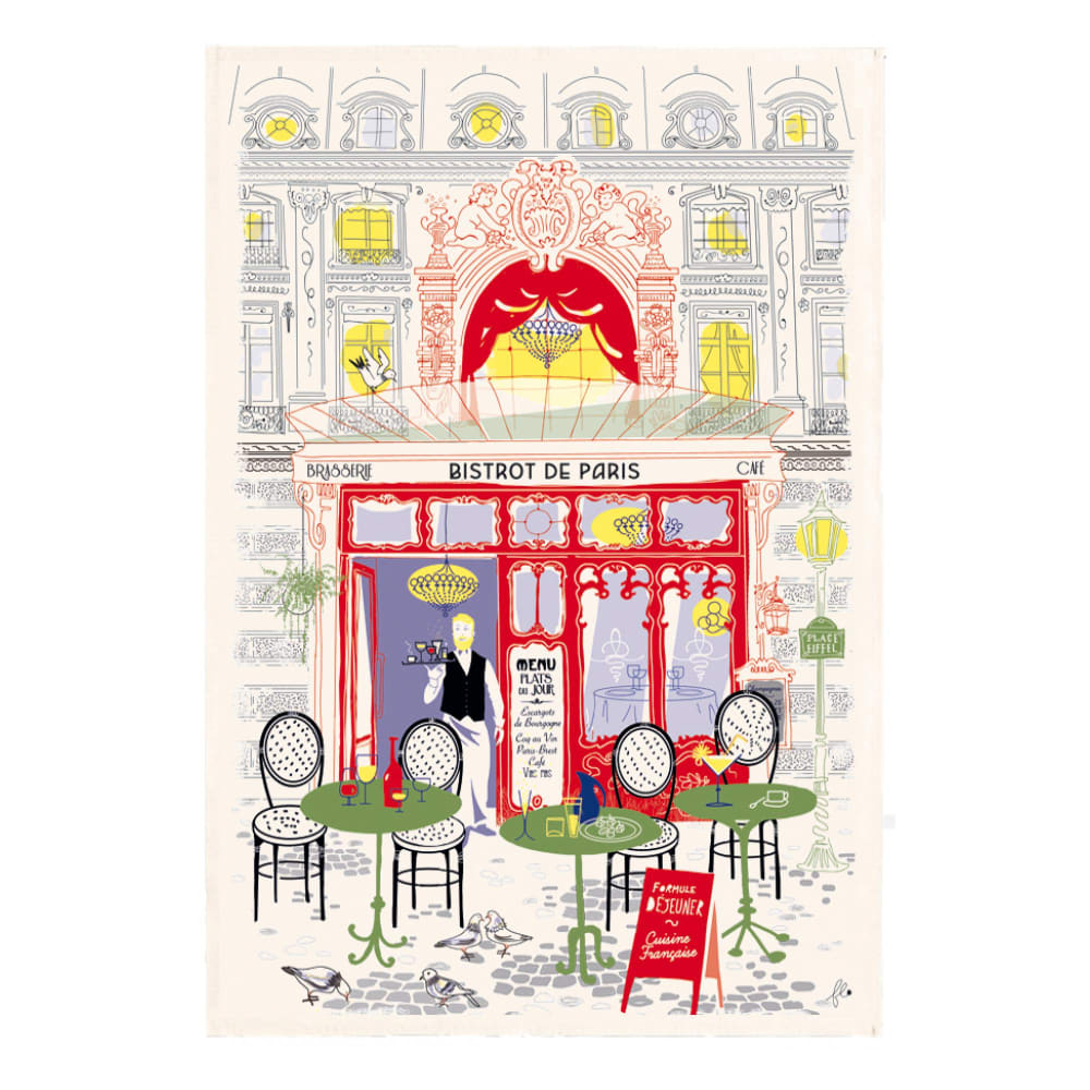Torchon imprimé façade bistrot en coton ecru 48 x 72 cm
