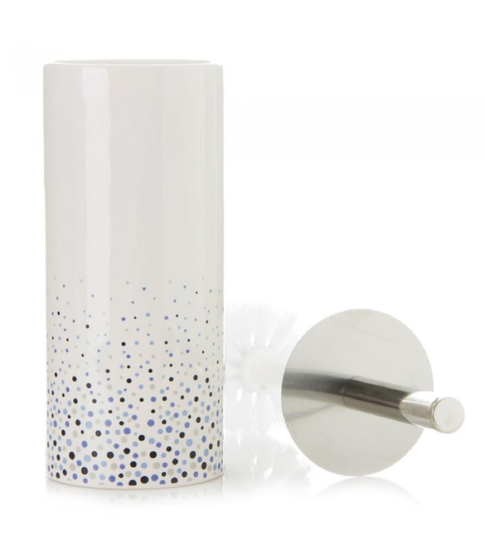 WADIGA Brosse WC en céramique et métal à pois bleus. Dimensions: Hauteur 32cm x diamètre 10cm - Couleur: Blanc et Bleu - Matière: Céramique et Métal
