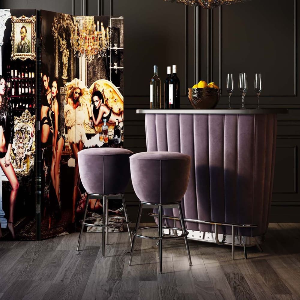 Bar mit Weinregal aus Holz, Glas und Stahl, violett und silber -