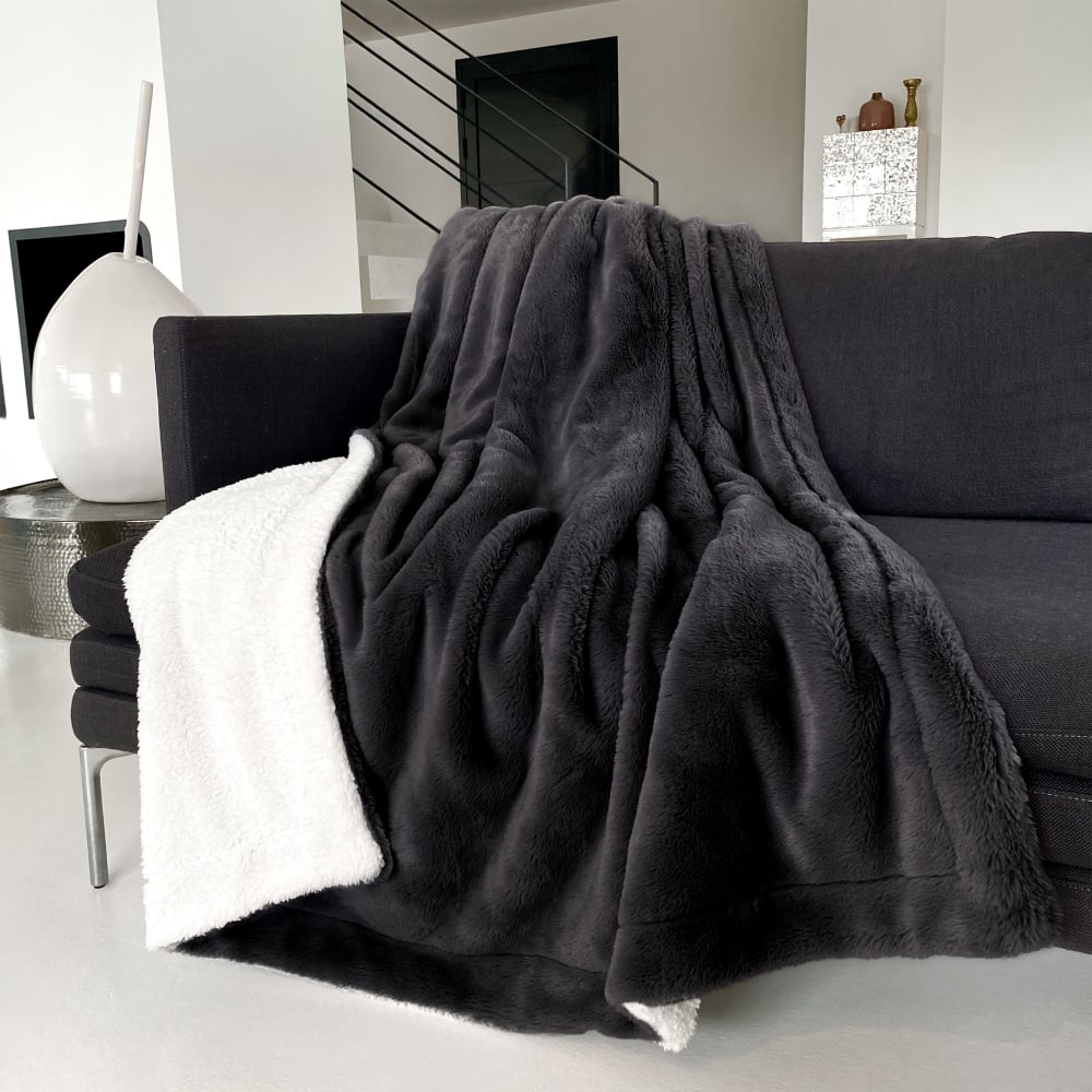 Plaid doublé imitation ''Lapin'' Cocoon Gris Anthracite 130x170cm