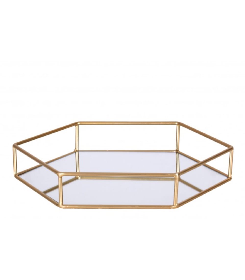 Plateau en métal doré et miroir 30x26cm
