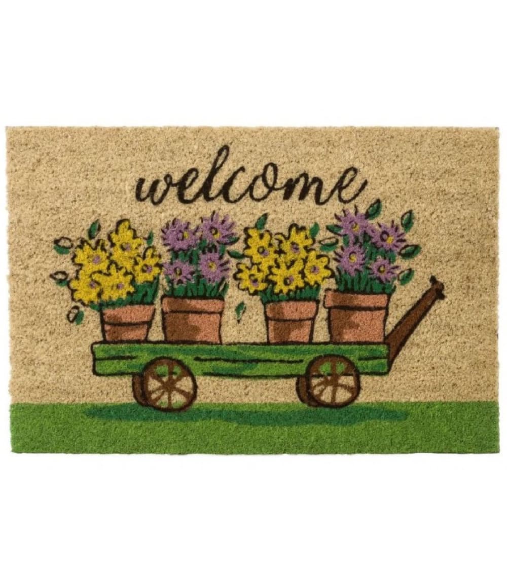 WADIGA Paillasson en coco avec inscription 'Welcome' et décoration florale. Dimensions:60x40x1.5cm - Matière: Coco - Couleur: Multicolore