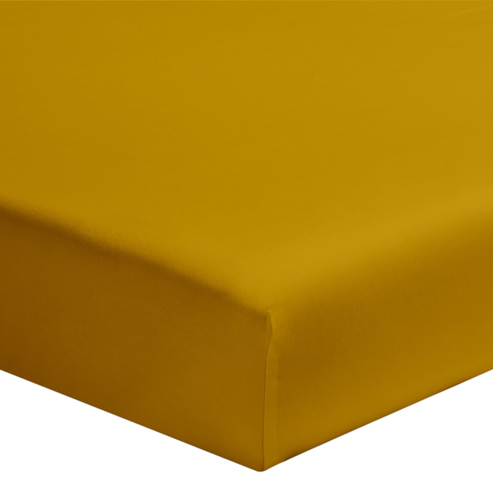 Drap housse uni en coton jaune curry 140x190