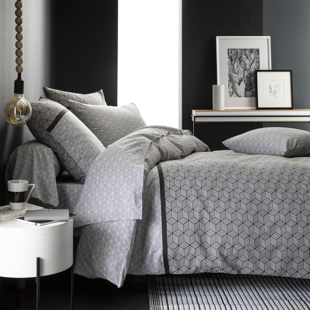 Drap housse imprimé en bambou blanc et noir 140x190 - Maisons du Monde