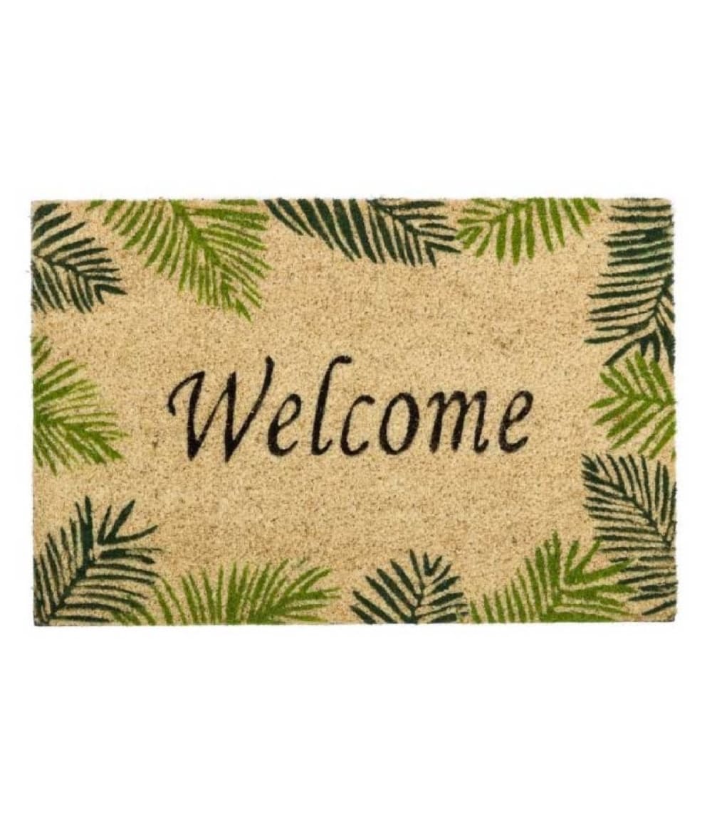 WADIGA Paillasson en coco avec inscription 'Welcome' et décoration feuilles. Dimensions:60x40x1.5cm - Matière: Coco - Couleur: Multicolore