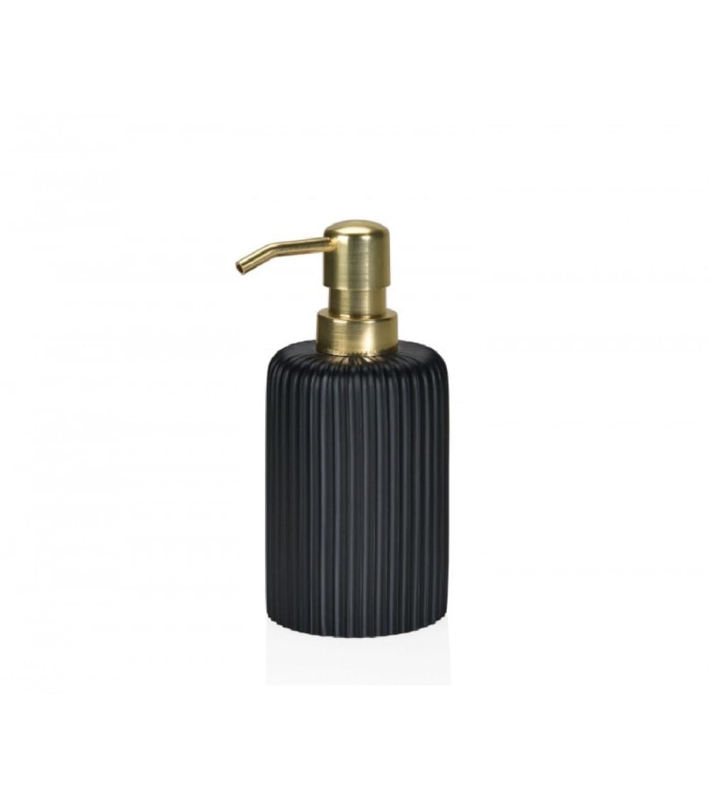 WADIGA Distributeur de savon en résine noir et abs doré. Dimensions: diamètre 7cm x Hauteur 16cm - Couleur: Noir et Doré - Matière: Résine et ABS