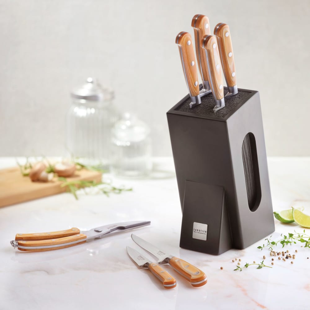 Sabatier Trompette Set mit 5 Messern aus Edelstahl 5CR15MOV, Helles Holz Braun Holz
