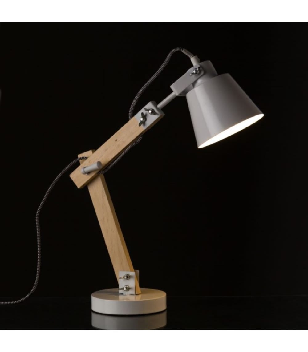 Lampe de bureau métal blanc et bois - hauteur 43cm - Maisons du Monde