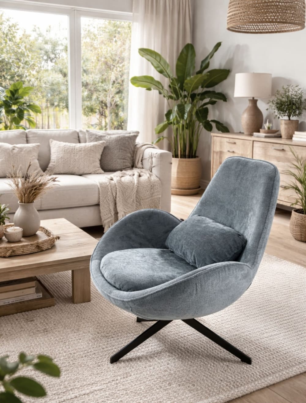 Fauteuil rotatif en velours gris bleuté
