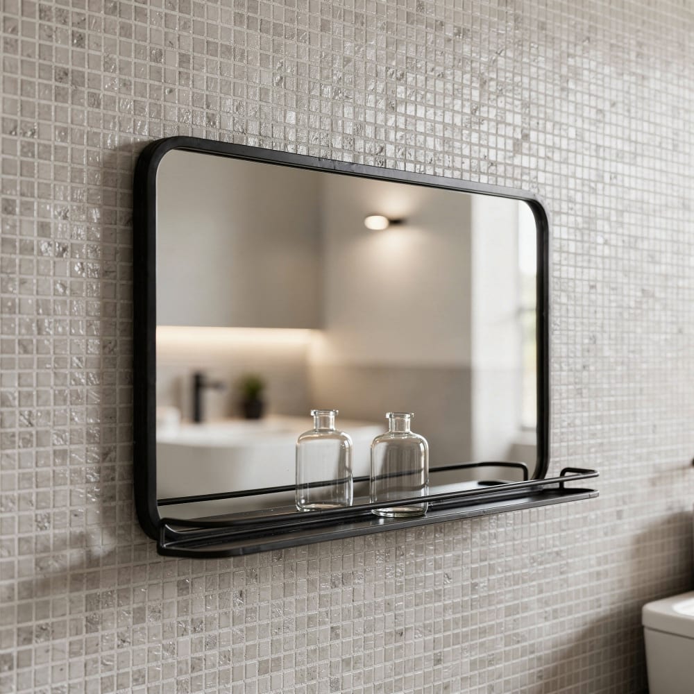 Miroir rectangulaire en métal noir avec étagère 60 x 35 cm - Maisons du Monde