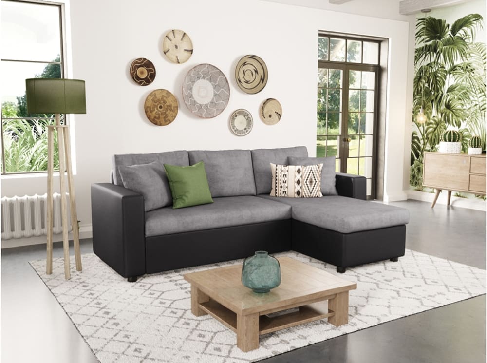 Canapé d'angle convertible coffre noir en simili microfibre gris/noir