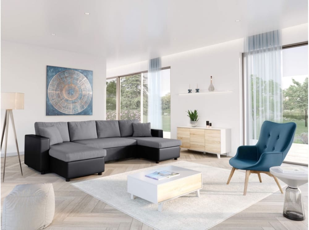 Canapé d'angle panoramique convertible gris et noir