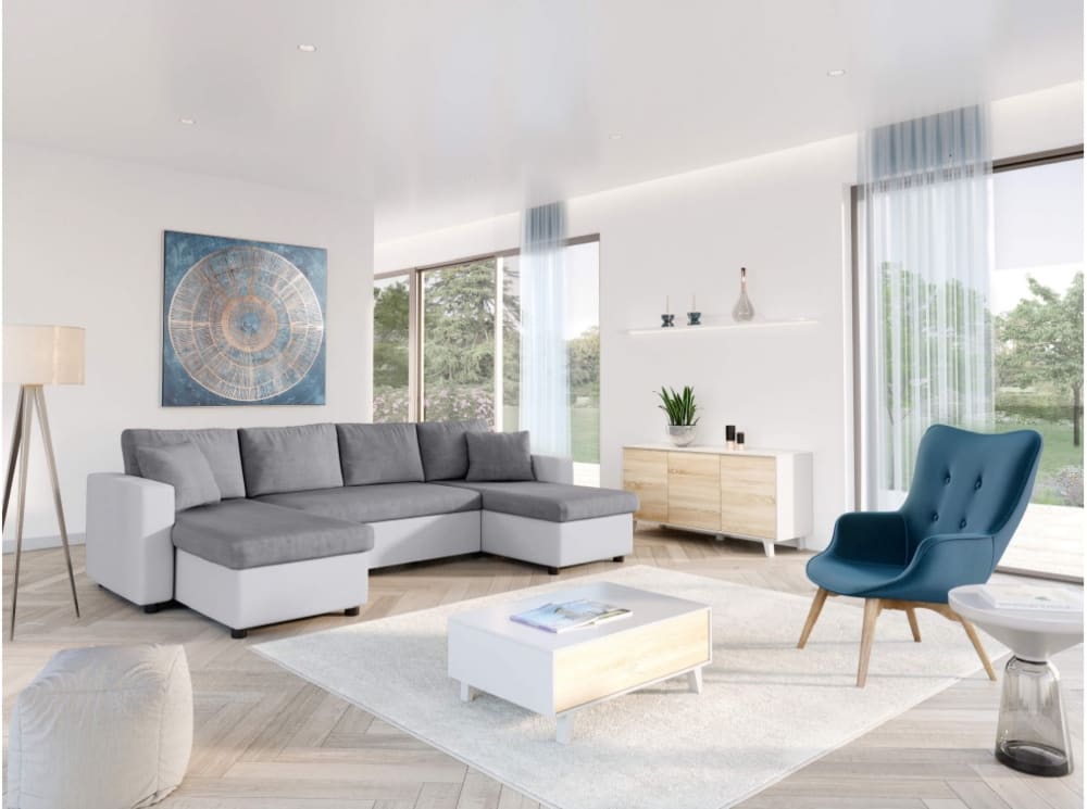 Canapé d'angle panoramique convertible blanc et gris