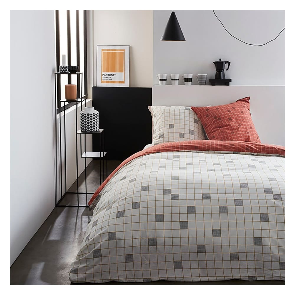 Parure de lit coton 2 personnes imprimé graphique  240x260 cm Gris