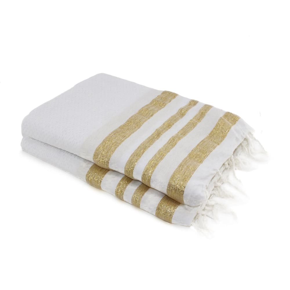 Fouta nid d'abeille xxl coton 200x200 blanc & or