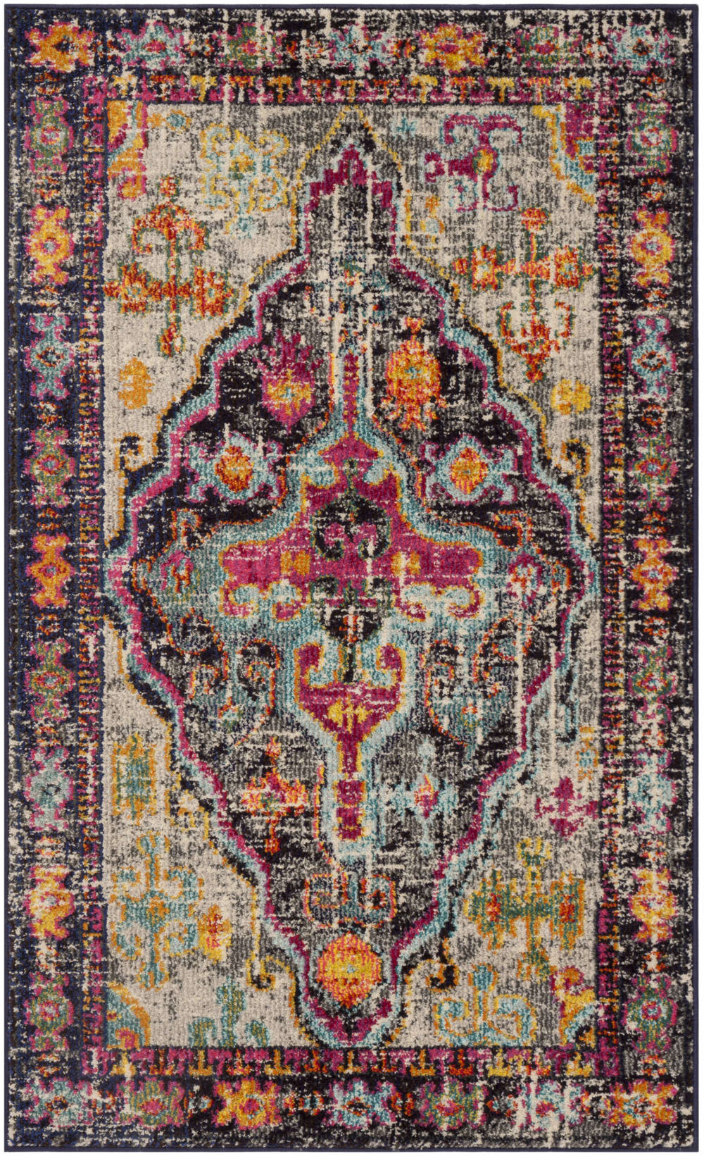 Tapis bohème chic en polypropylène gris/rose, 122 x 170 cm