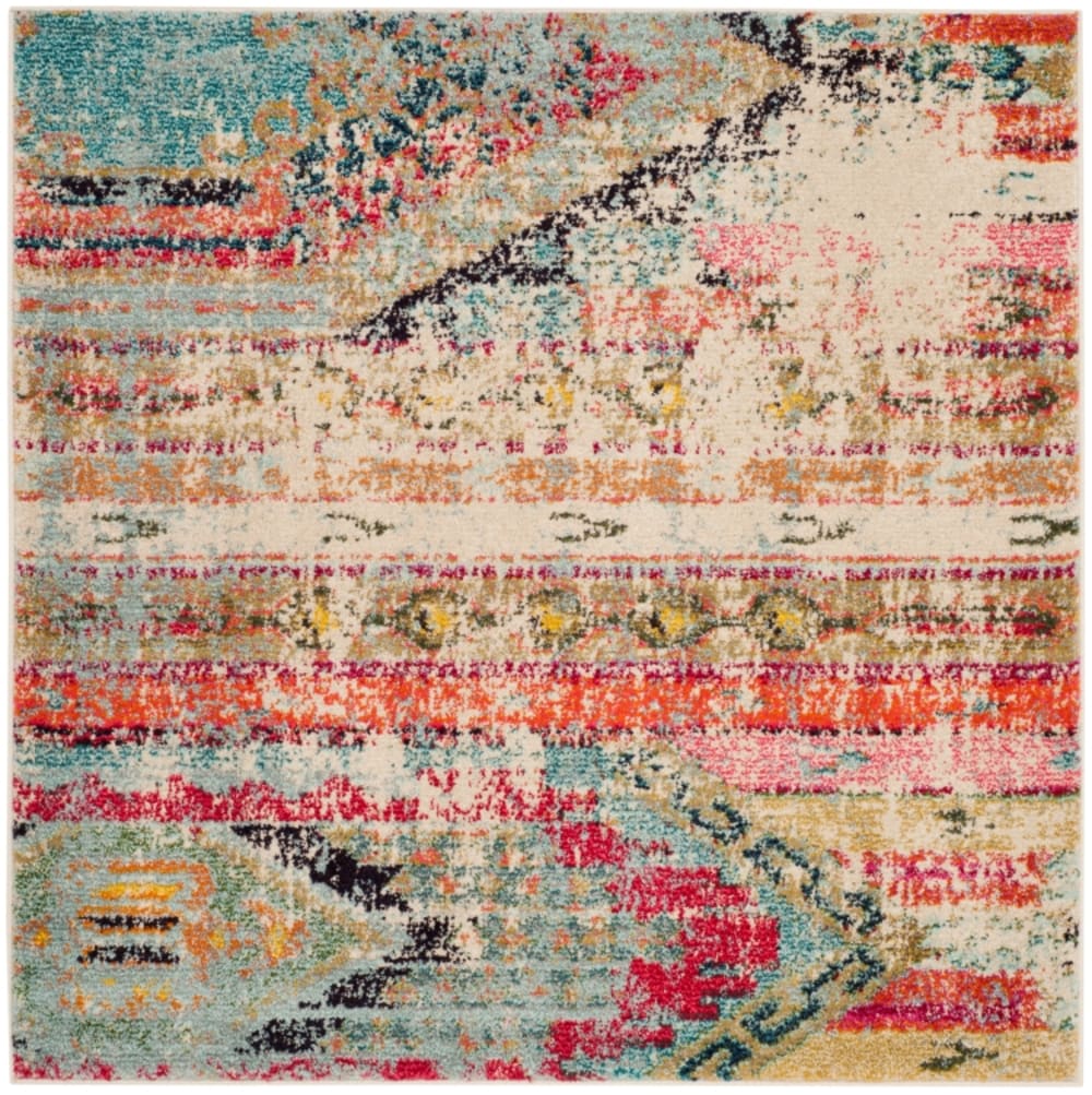 Tapis bohème chic en polypropylène multicolore, 201 x 201 cm