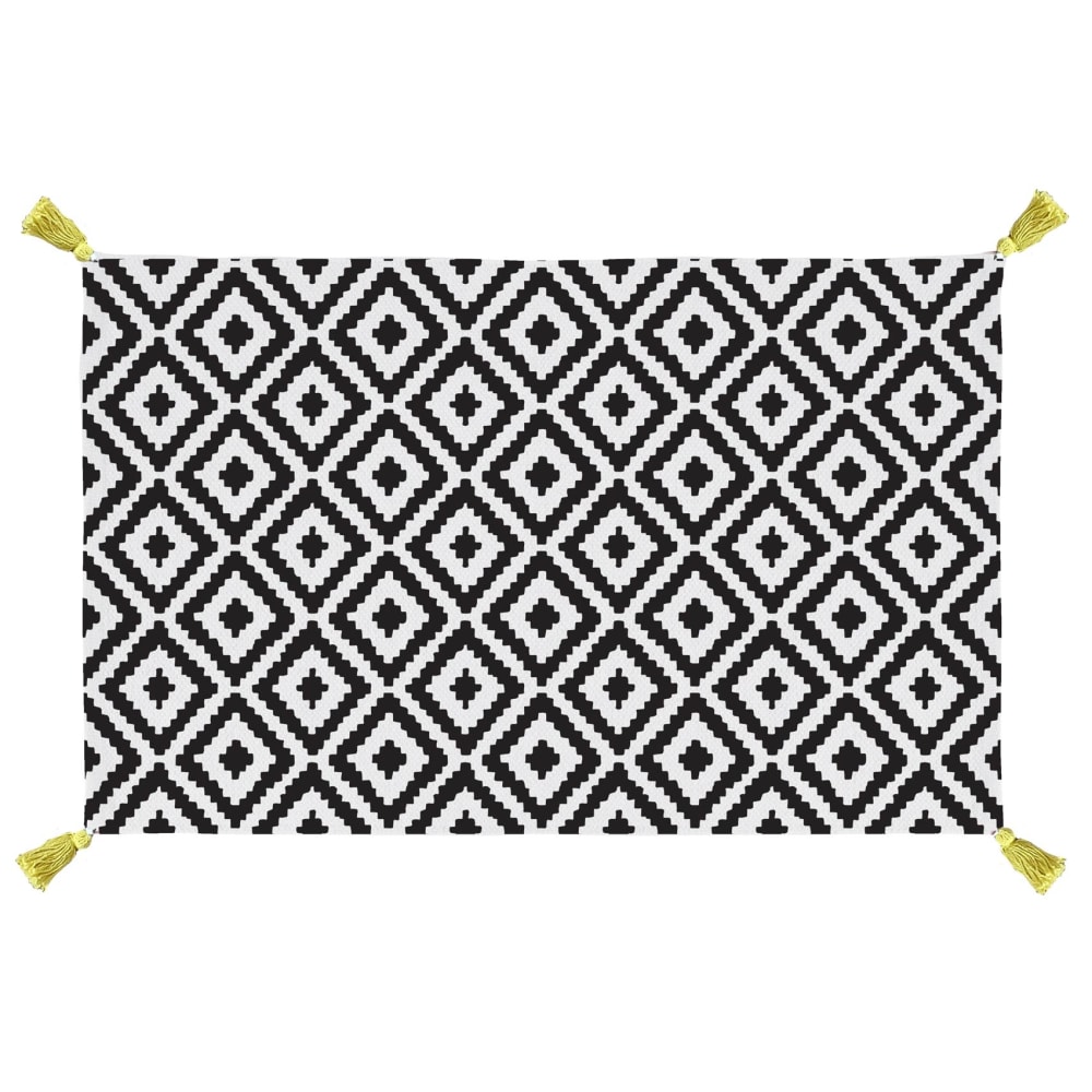 Tapis de bain ''graphisme et pompons'' coton noir 70x50 cm