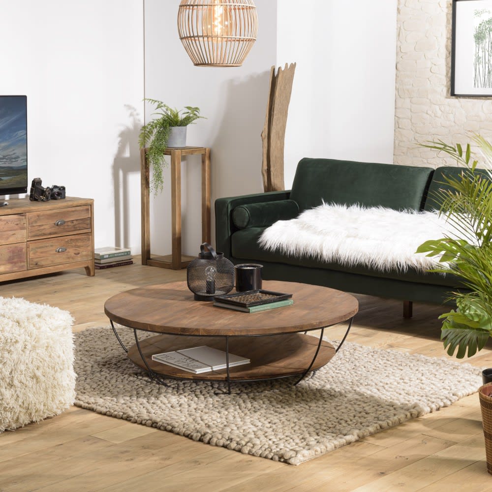 MACABANE Couchtisch mit zwei Tischplatten aus Teakholz und Metall, D120 style industrial Braun