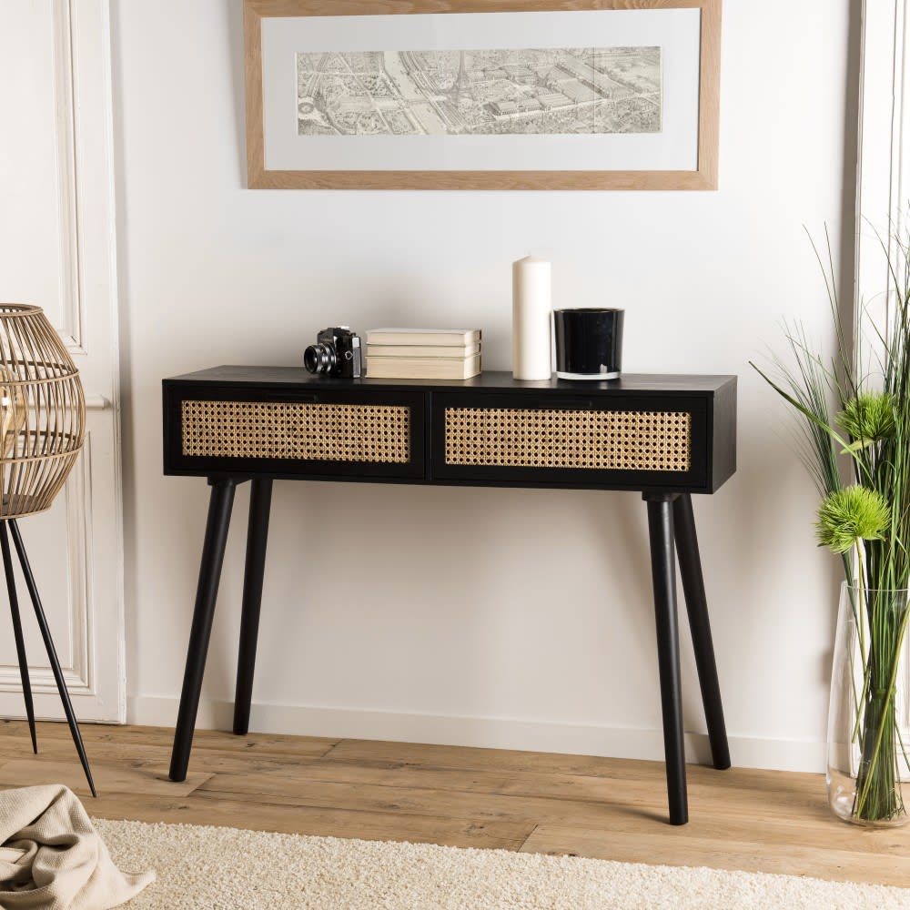 Console 2 tiroirs cannage noir - Maisons du Monde