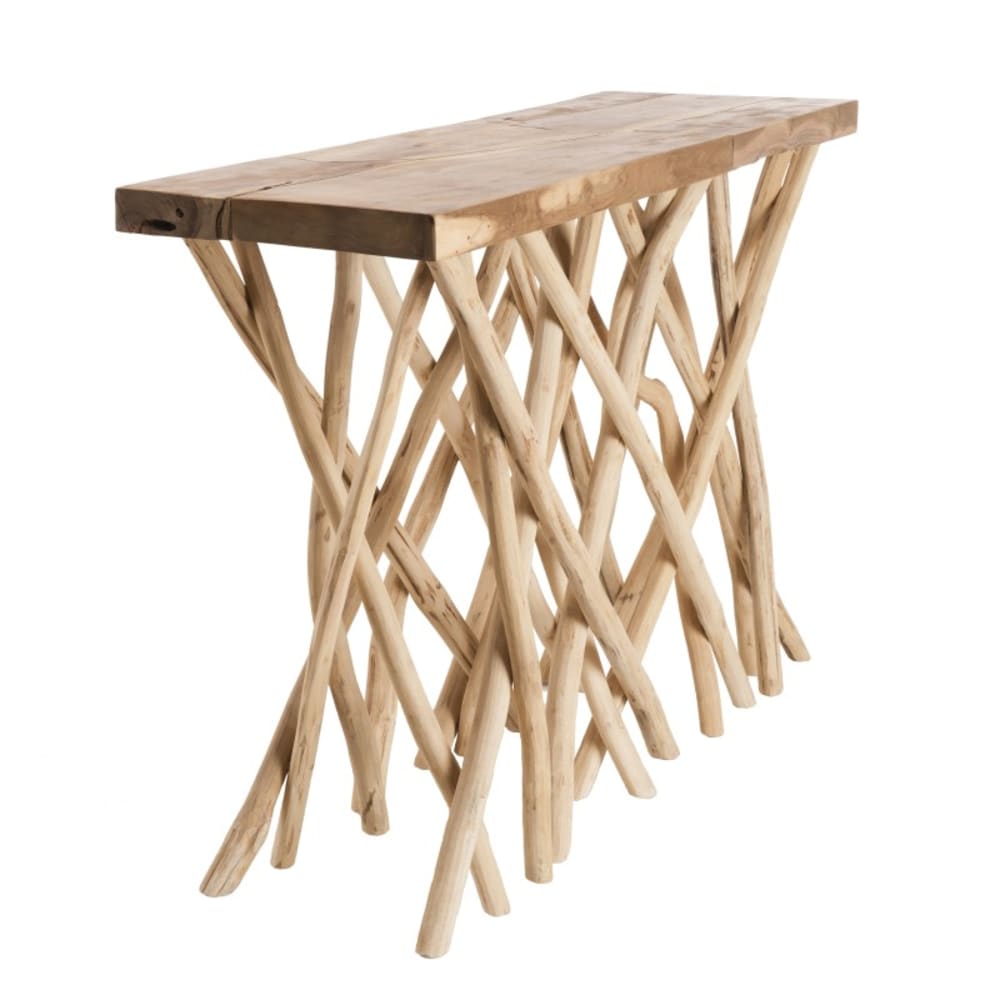 Console nature plateau en teck pieds bois flotté