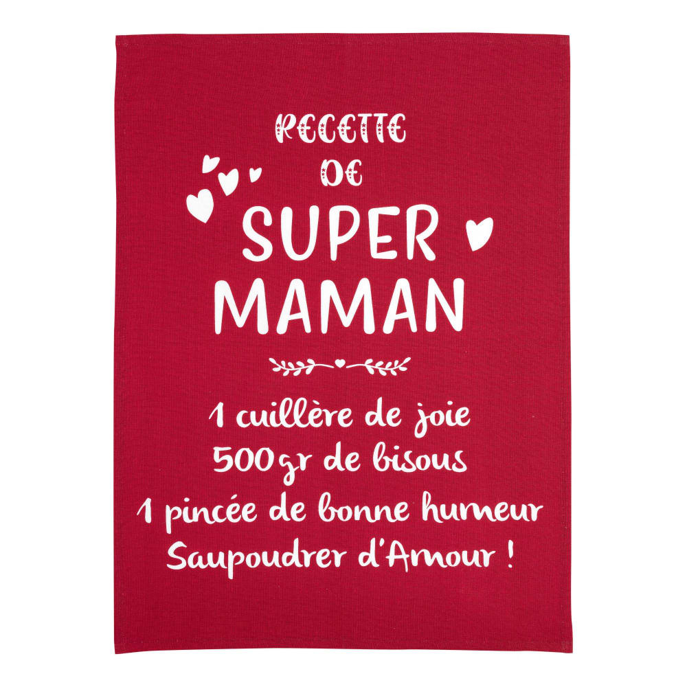 Torchon message super maman en coton rouge 50 x 70 cm