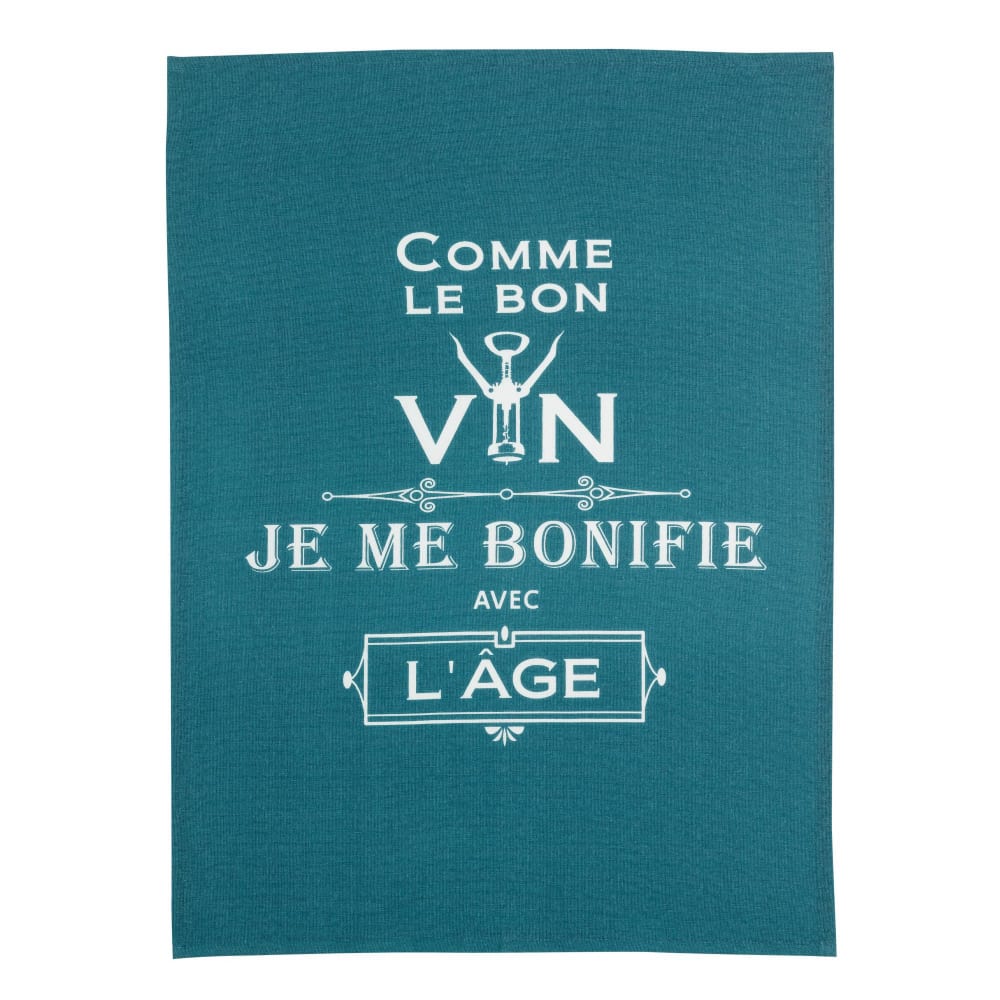 Torchon message comme le bon vin en coton paon 50 x 70 cm