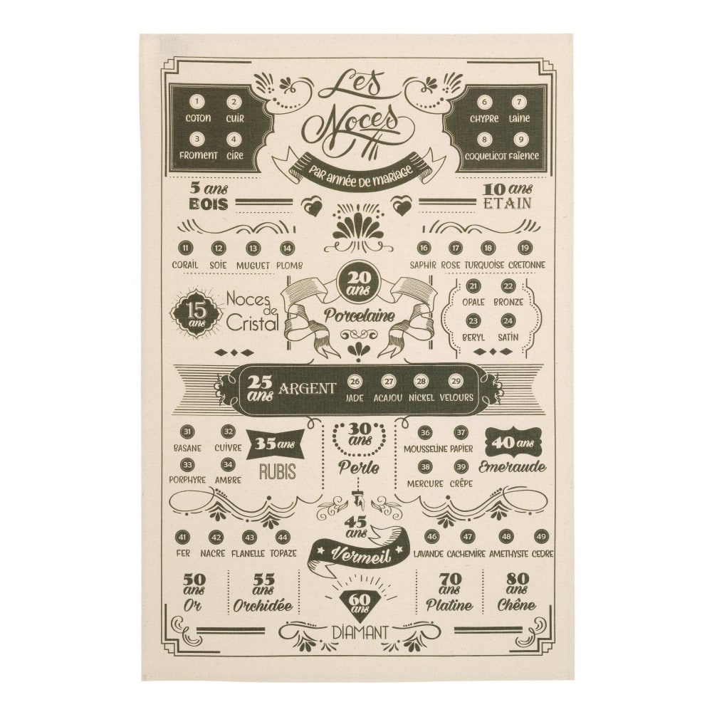 Torchon les années de mariage en coton ecru 48 x 72 cm
